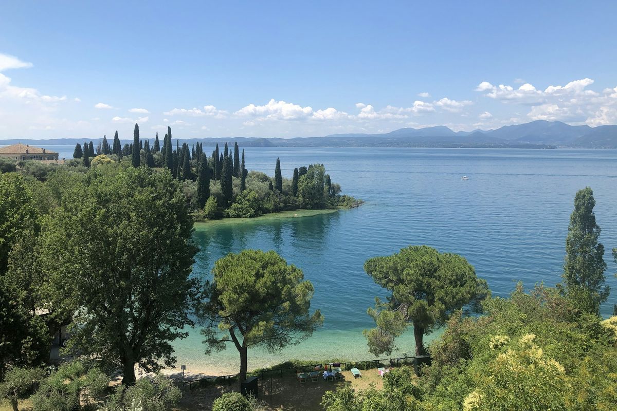 Riva con cipressi e acqua limpida